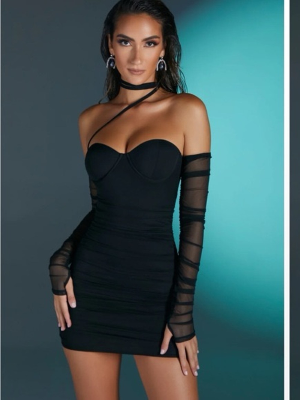 Oh Polly Chambery Underwired Bardot Mini Dress in Black